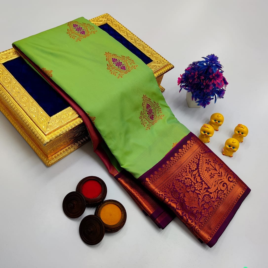 Parrot Green Korvai Kottanchi Meena Work Premium Soft Silk Saree