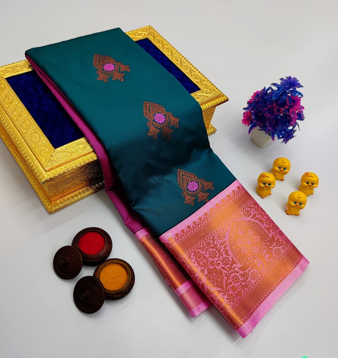 Teal Blue Korvai Kottanchi Meena Work Premium Soft Silk Saree