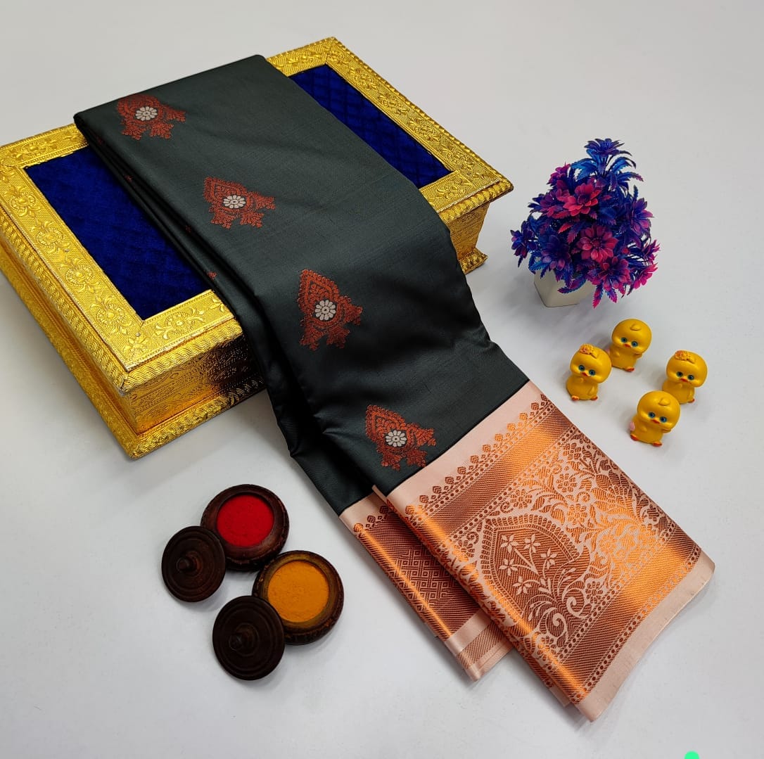 Charcoal Grey Korvai Kottanchi Meena Work Premium Soft Silk Saree