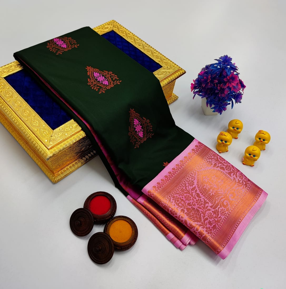 Bottle Green Korvai Kottanchi Meena Work Premium Soft Silk Saree