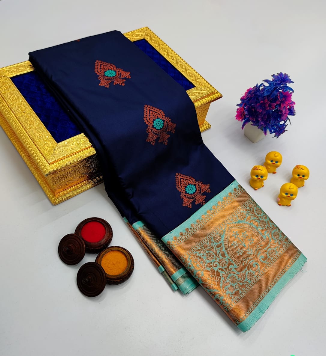 Navy Blue Korvai Kottanchi Meena Work Premium Soft Silk Saree