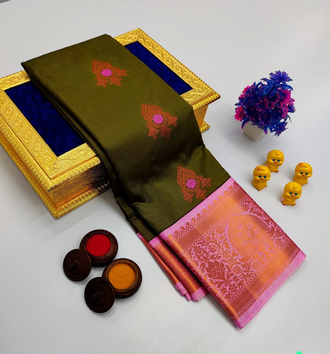 Olive Green Korvai Kottanchi Meena Work Premium Soft Silk Saree
