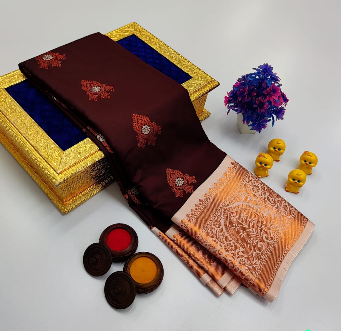 Chocolate Brown Korvai Kottanchi Meena Work Premium Soft Silk Saree