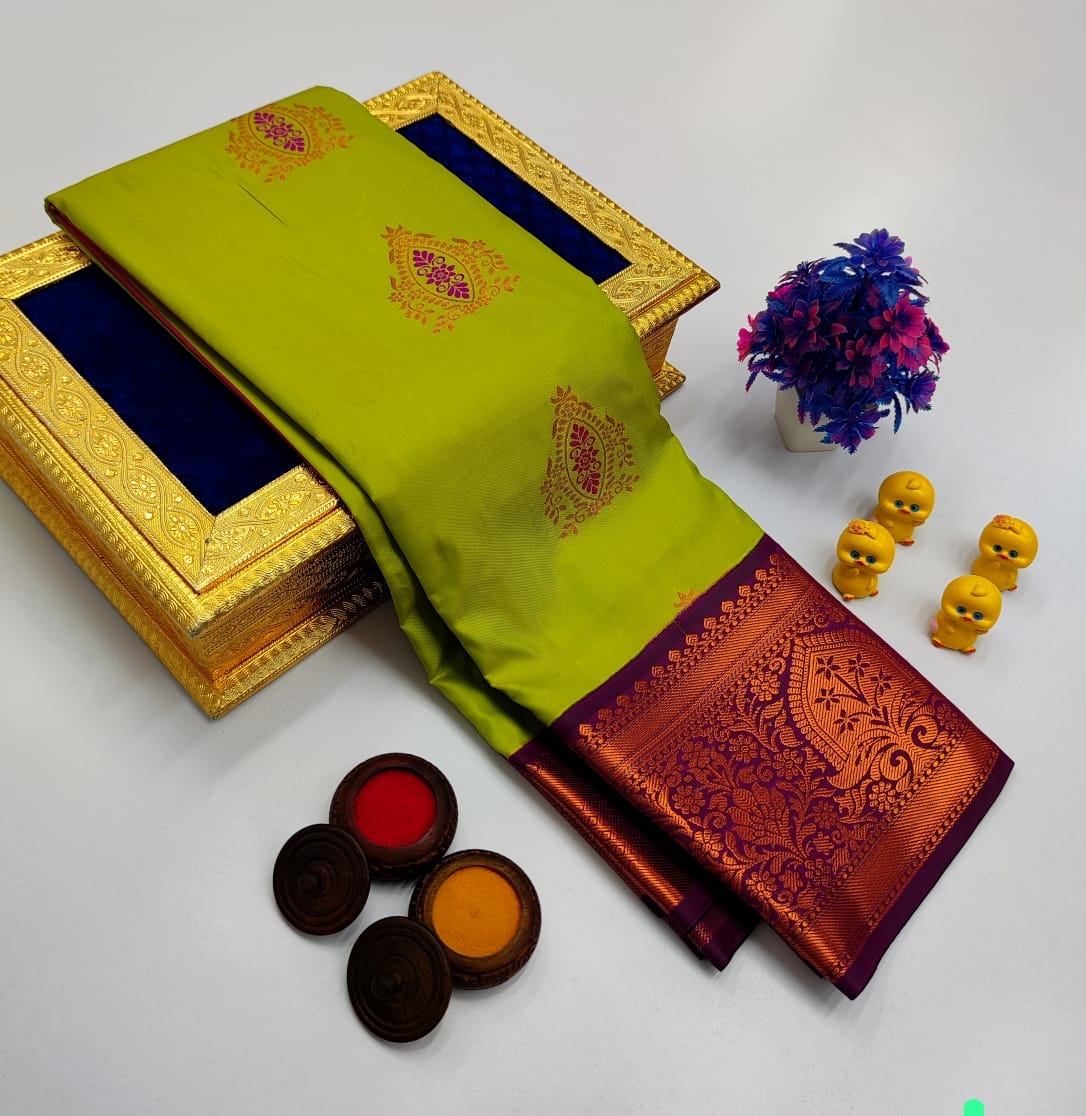 Lime Green Korvai Kottanchi Meena Work Premium Soft Silk Saree