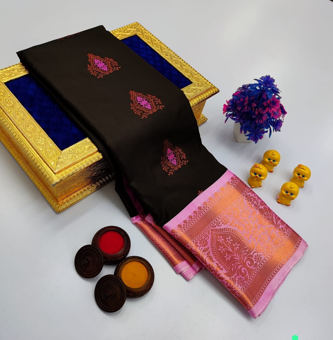 Black Korvai Kottanchi Meena Work Premium Soft Silk Saree