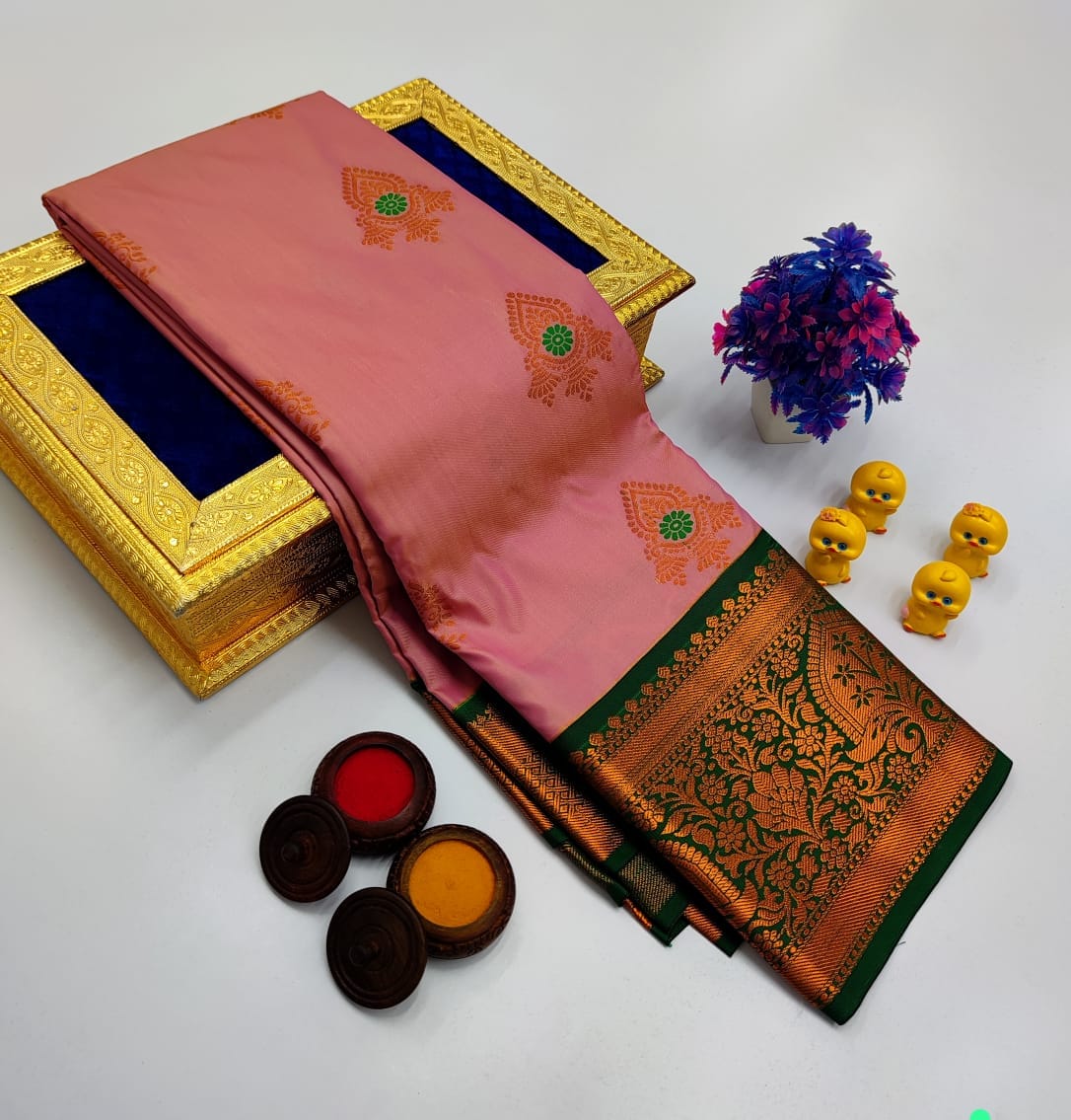 Blush Pink Korvai Kottanchi Meena Work Premium Soft Silk Saree