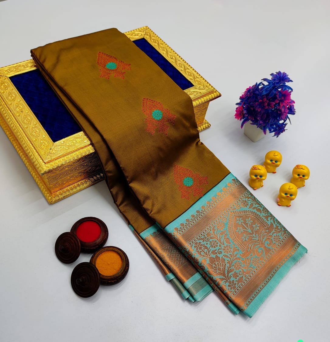 Bronze Brown Korvai Kottanchi Meena Work Premium Soft Silk Saree