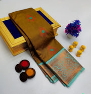 Bronze Brown Korvai Kottanchi Meena Work Premium Soft Silk Saree