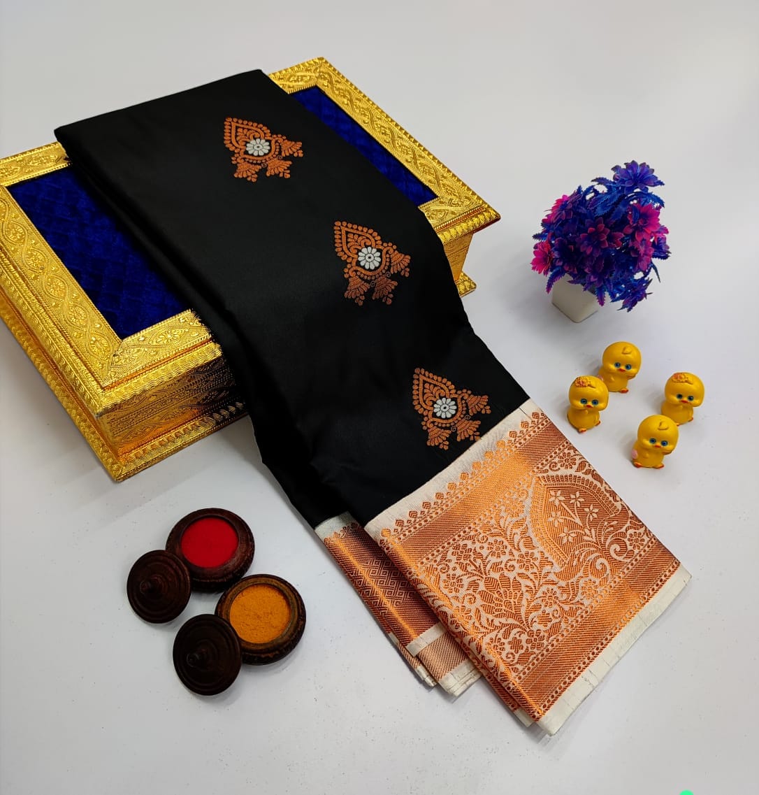 Black Korvai Kottanchi Meena Work Premium Soft Silk Saree