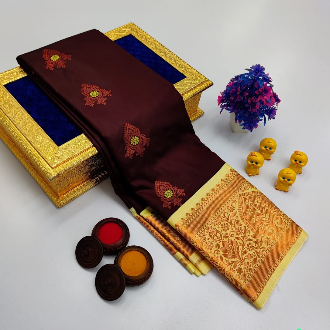 Coffee Brown Korvai Kottanchi Meena Work Premium Soft Silk Saree