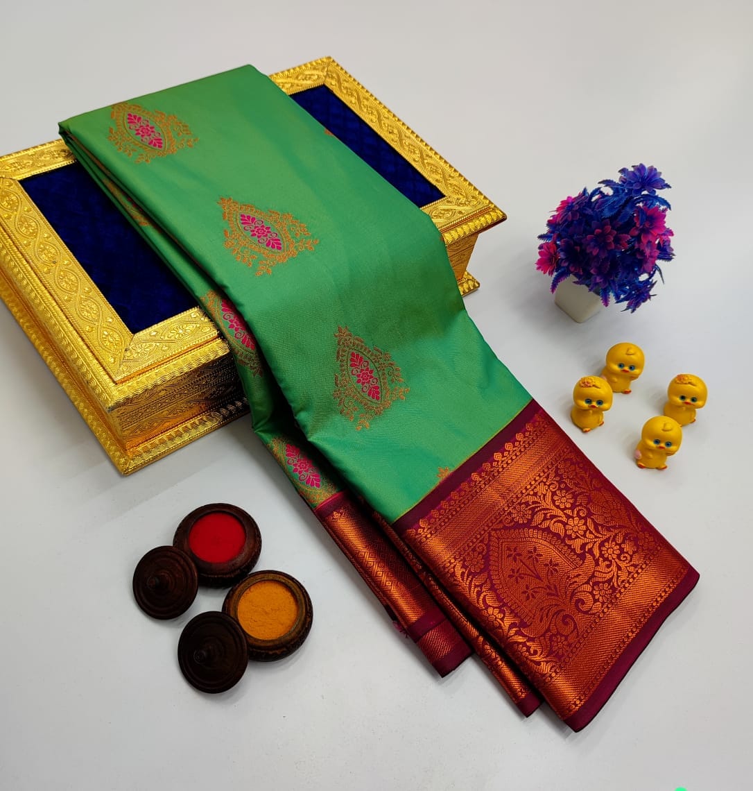 Emerald Green Korvai Kottanchi Meena Work Premium Soft Silk Saree