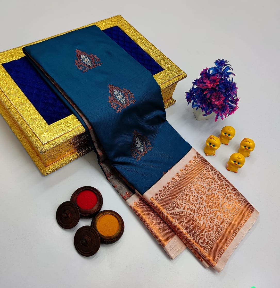 Teal Blue Korvai Kottanchi Meena Work Premium Soft Silk Saree