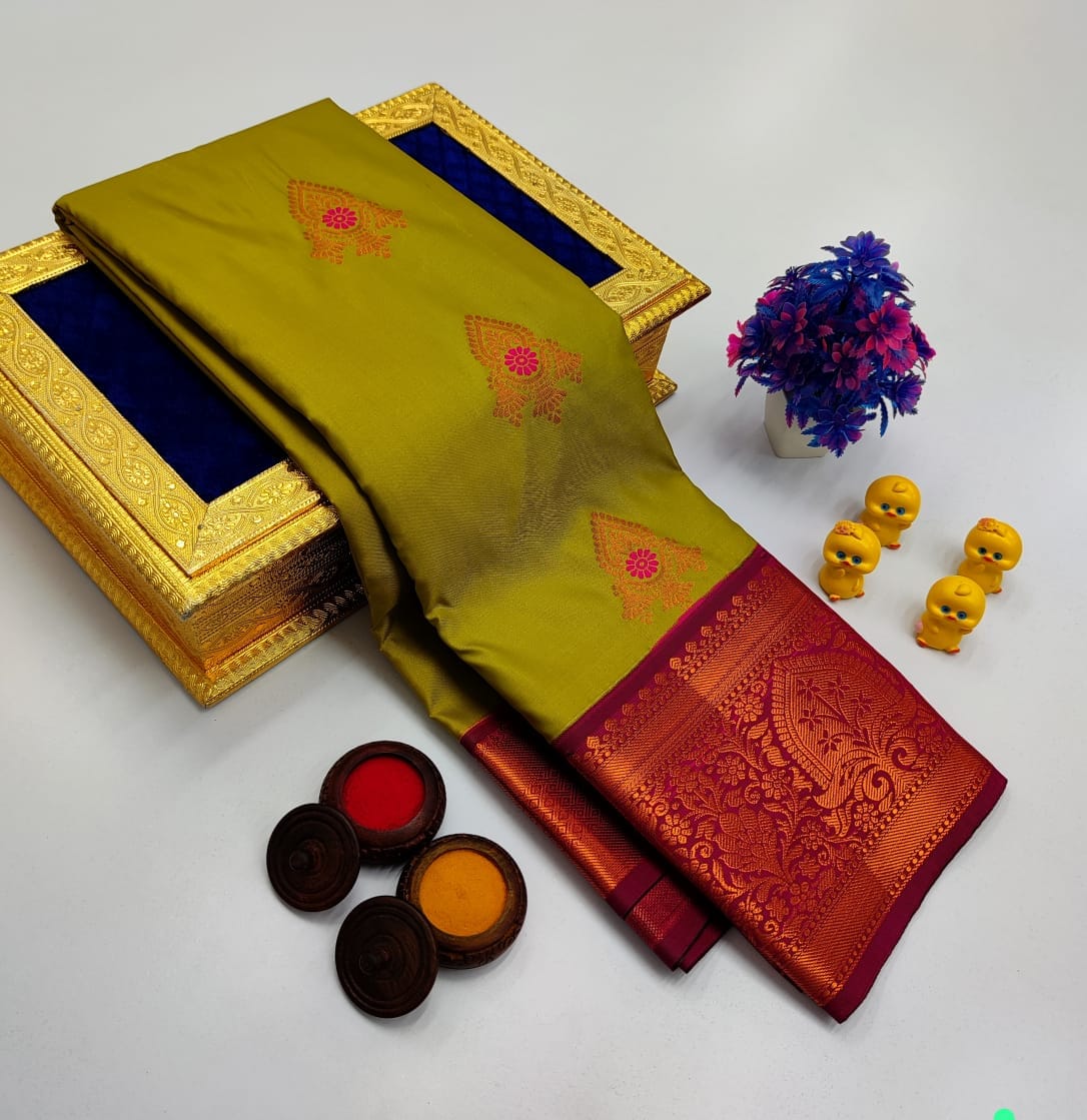 Olive Green Korvai Kottanchi Meena Work Premium Soft Silk Saree