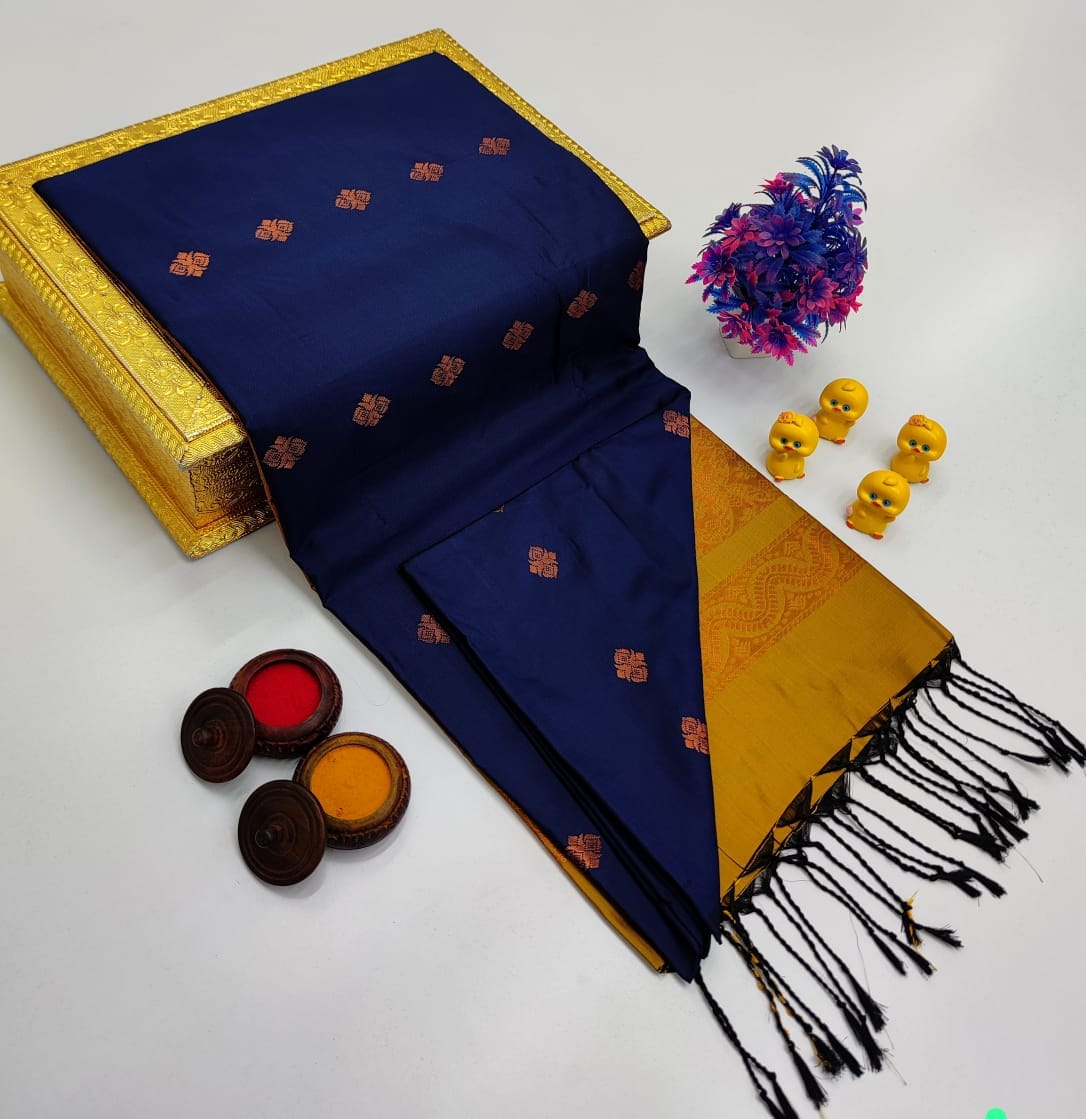 Navy Blue Classic Small Butta – Borderless Soft Silk Sarees