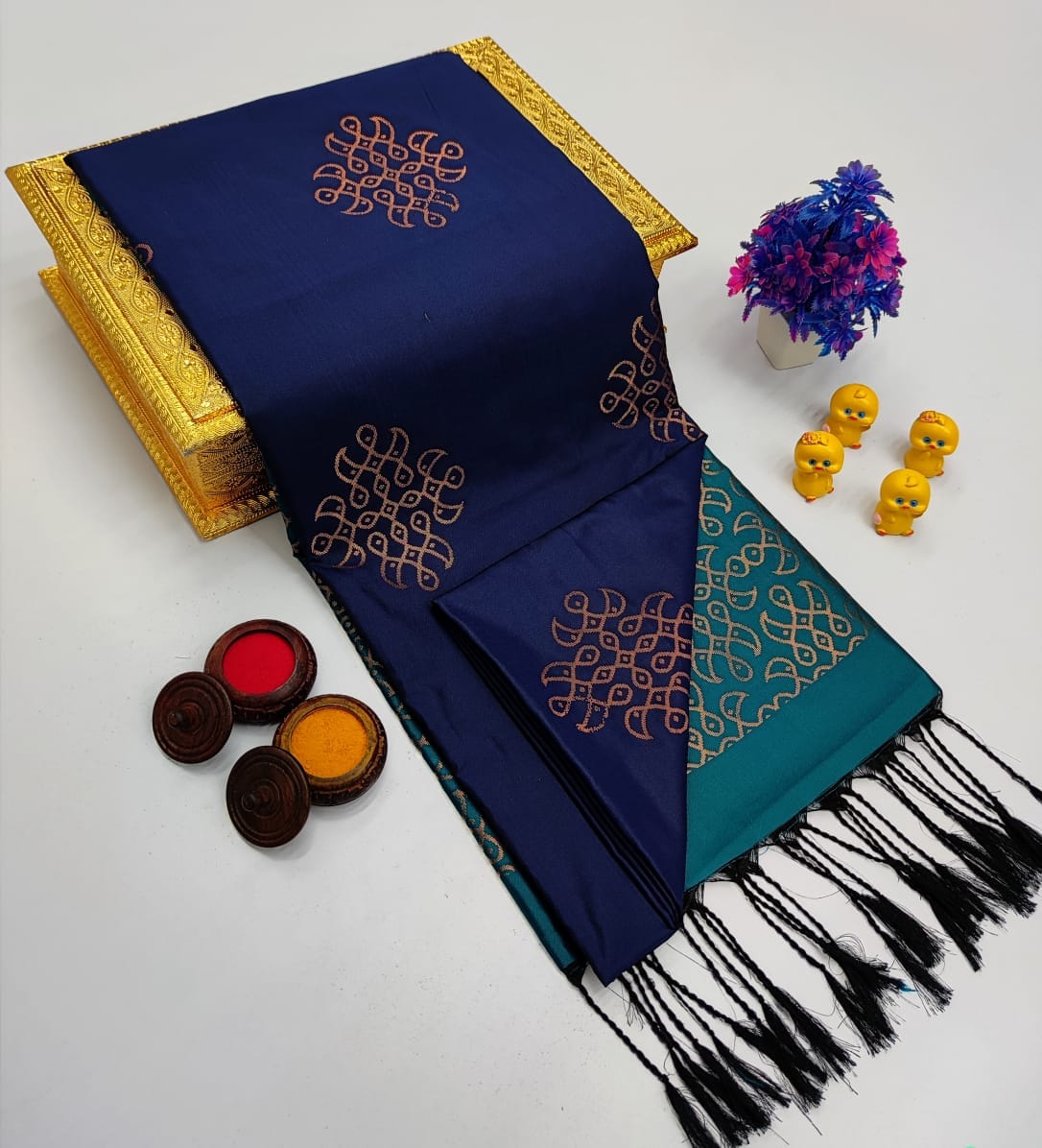 Royal Blue Silver Medallion Borderless Soft Silk Saree