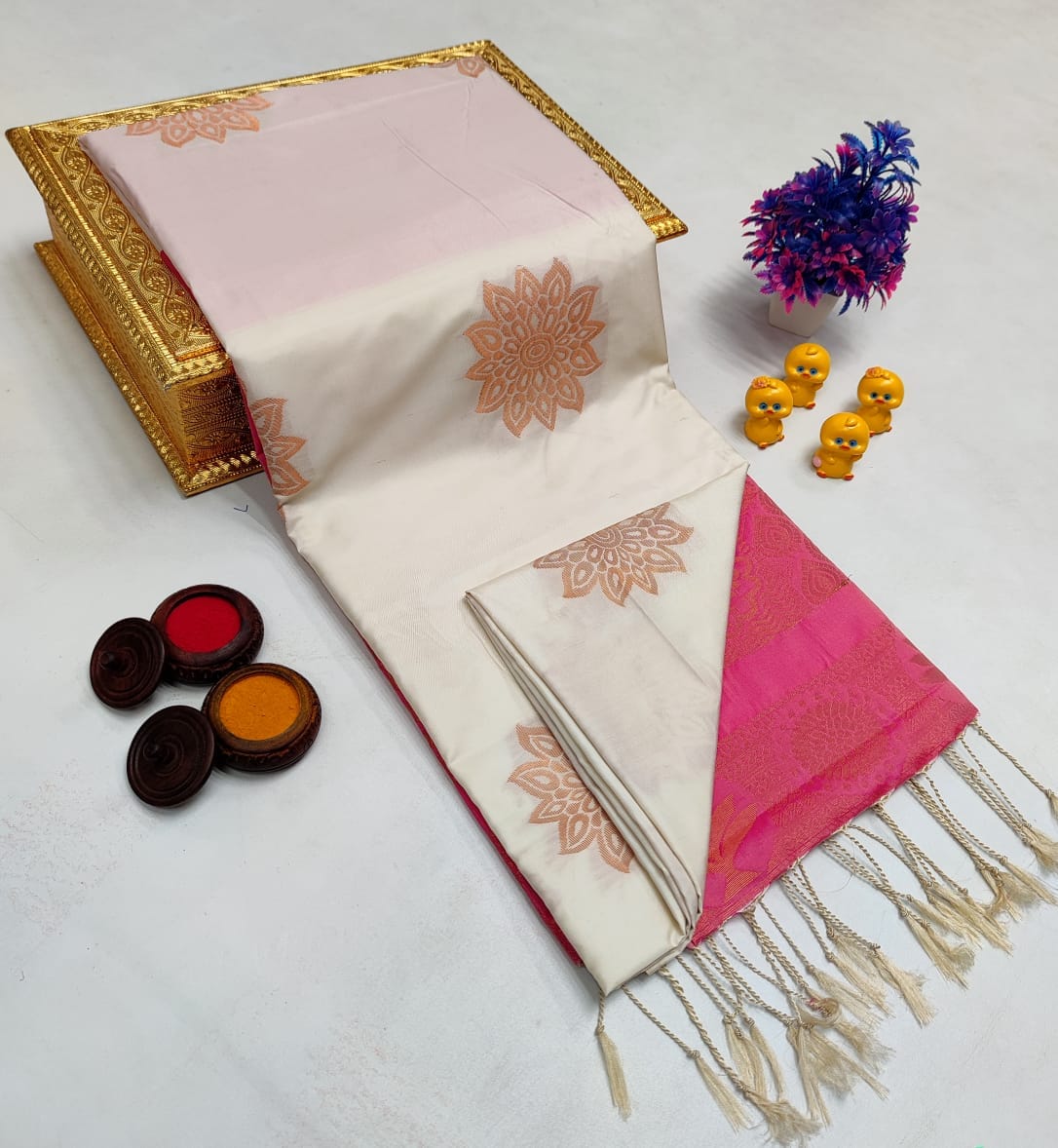 Coral Red Classic Small Butta – Borderless Soft Silk Sarees