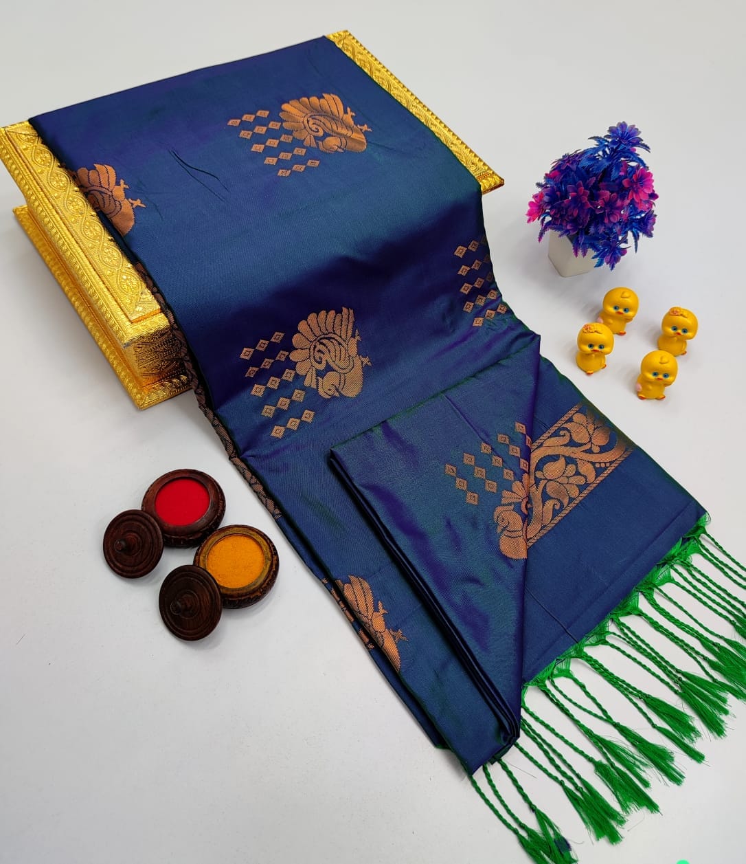Indigo Blue Classic Small Butta – Borderless Soft Silk Sarees