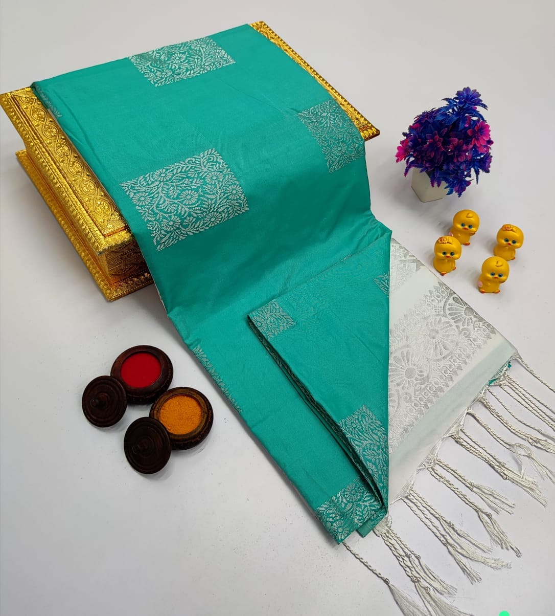 Aqua Blue Classic Small Butta – Borderless Soft Silk Sarees