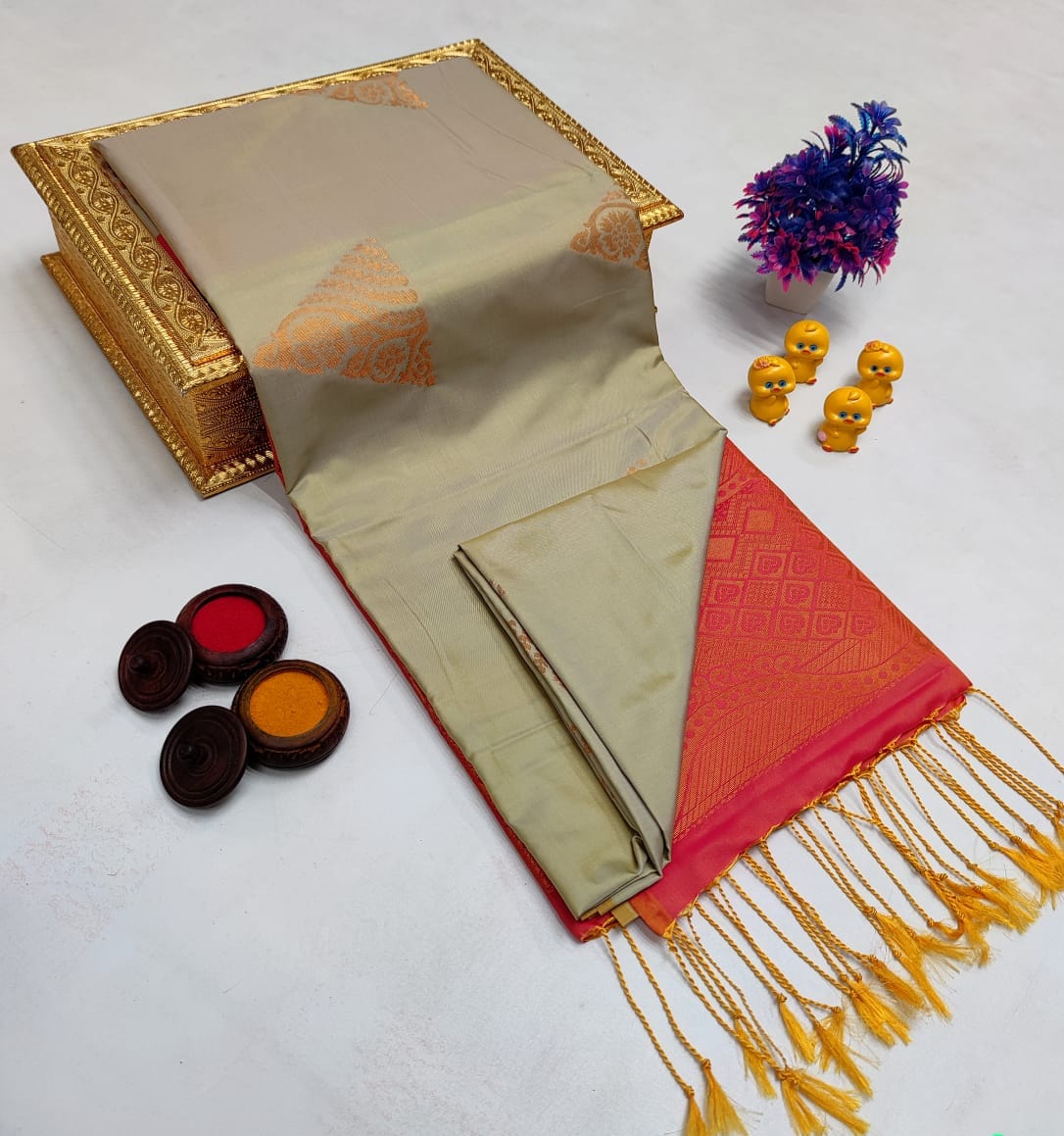 Deep Maroon Silver Medallion Borderless Soft Silk Saree