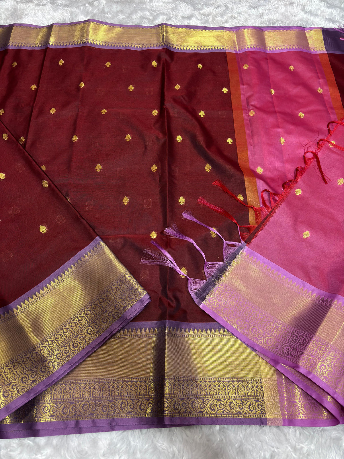 Coffee Brown with Pink Premium Banarasi Katan Silk Saree folded view