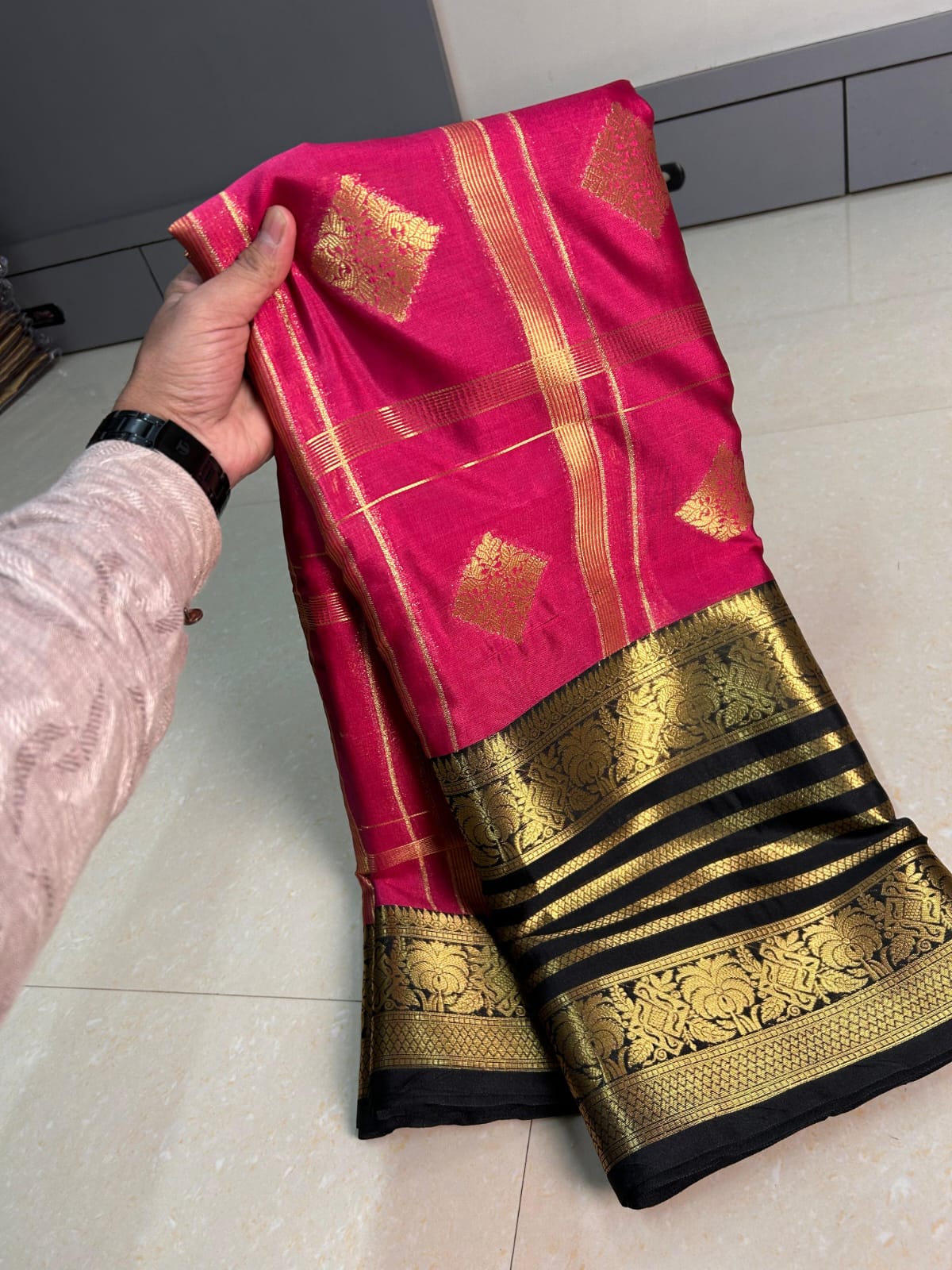 Banarasi Tissue Silk Saree - Hot Pink Black Gold full view