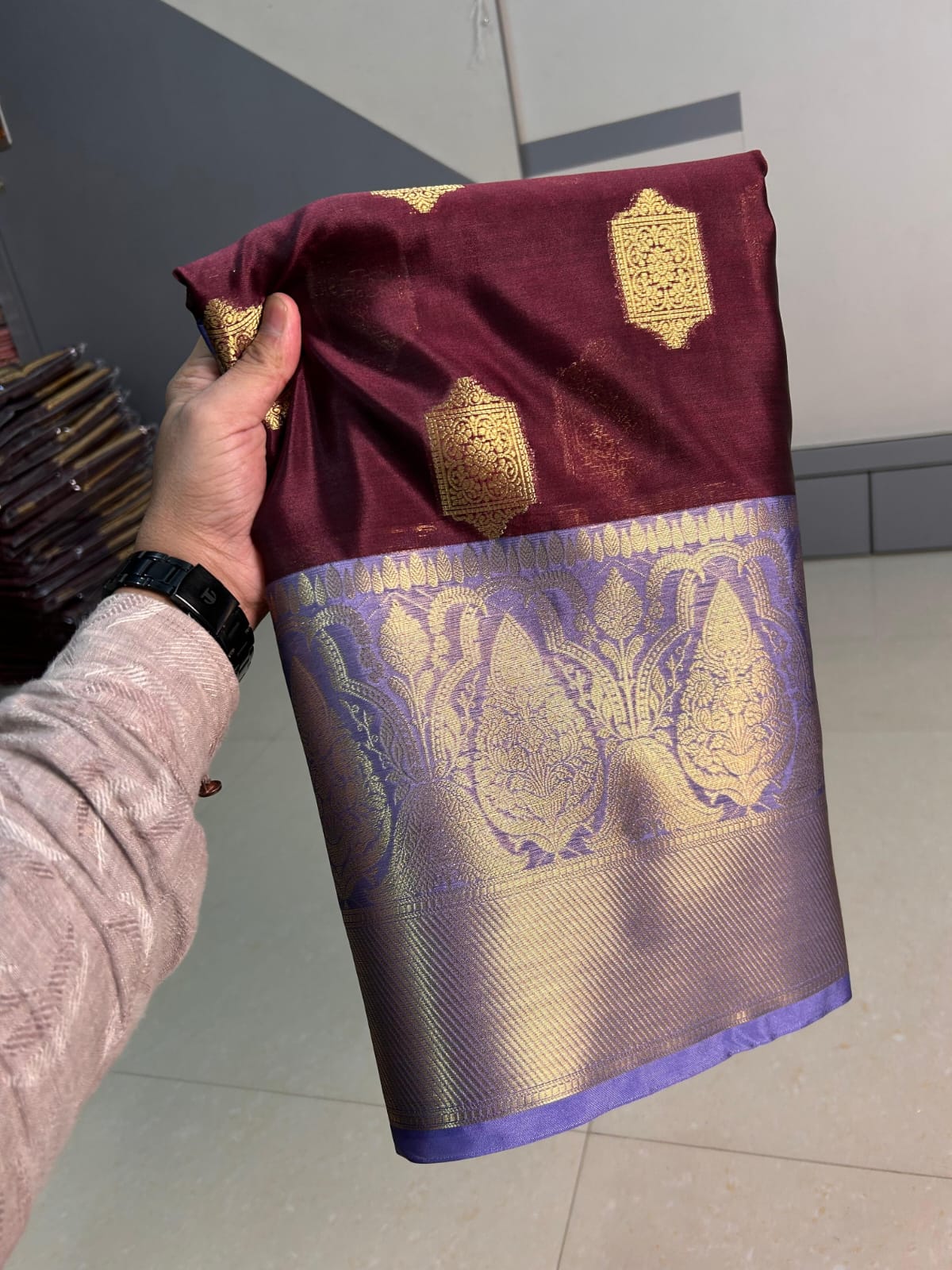 Banarasi Tissue Silk Saree - Hot Pink Black Gold pallu and border
