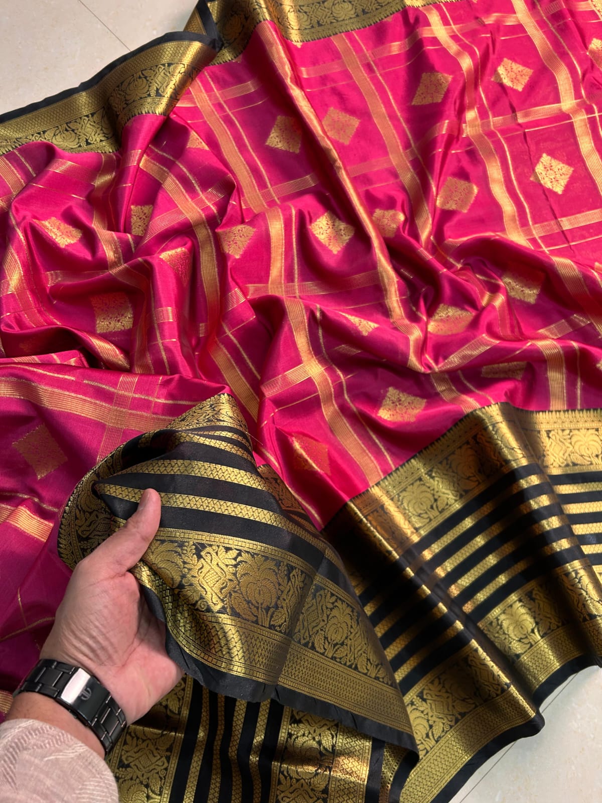 Banarasi Tissue Silk Saree - Hot Pink with Black Gold Border