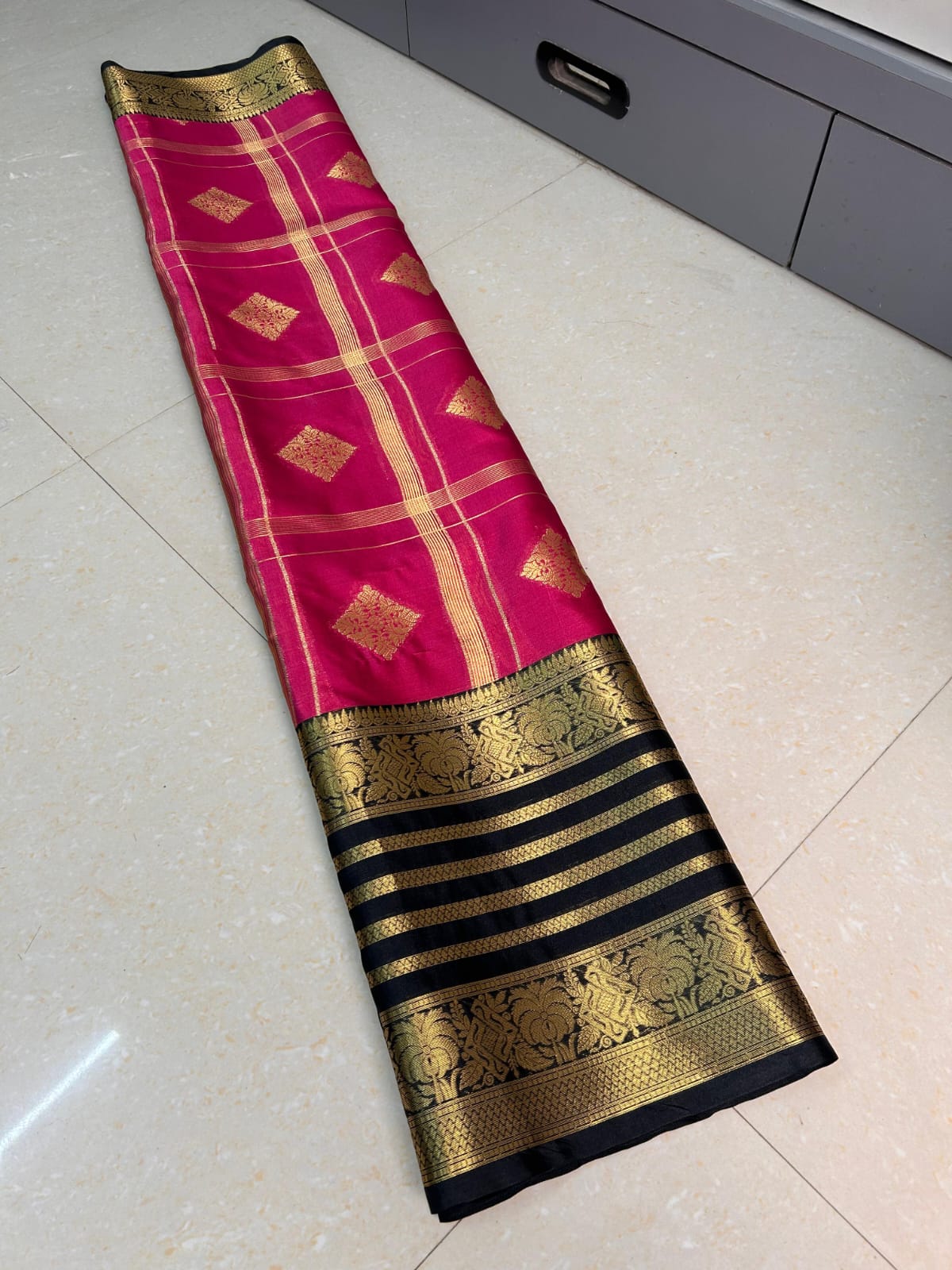 Banarasi Tissue Silk Saree - Wine Maroon Lavender Gold full view