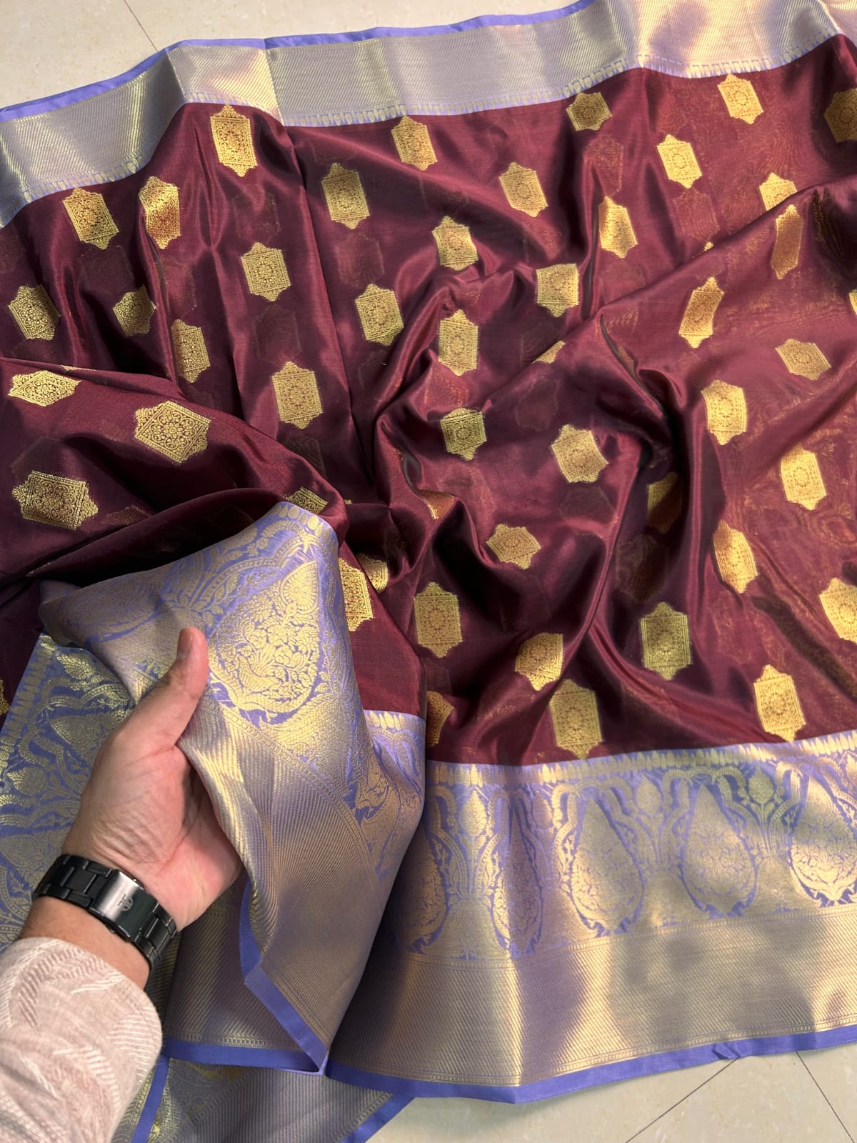 Banarasi Tissue Silk Saree - Wine Maroon Lavender Gold woven detail