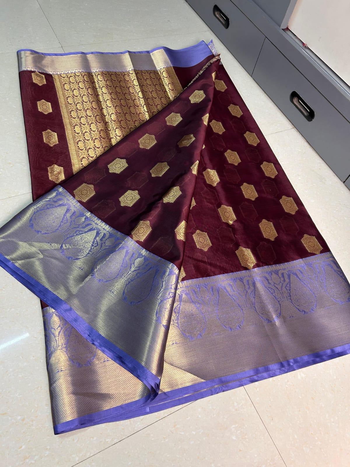 Banarasi Tissue Silk Saree - Wine Maroon with Lavender Gold Border