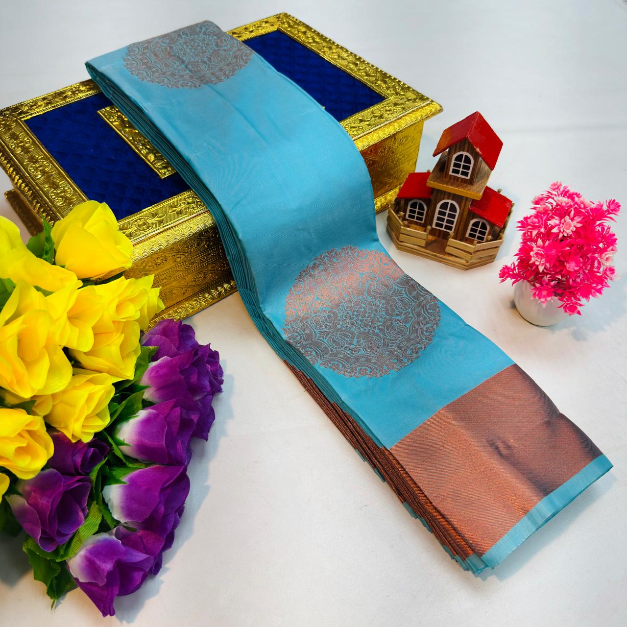 Aqua Blue Kanchi Rich Soft Silk Saree