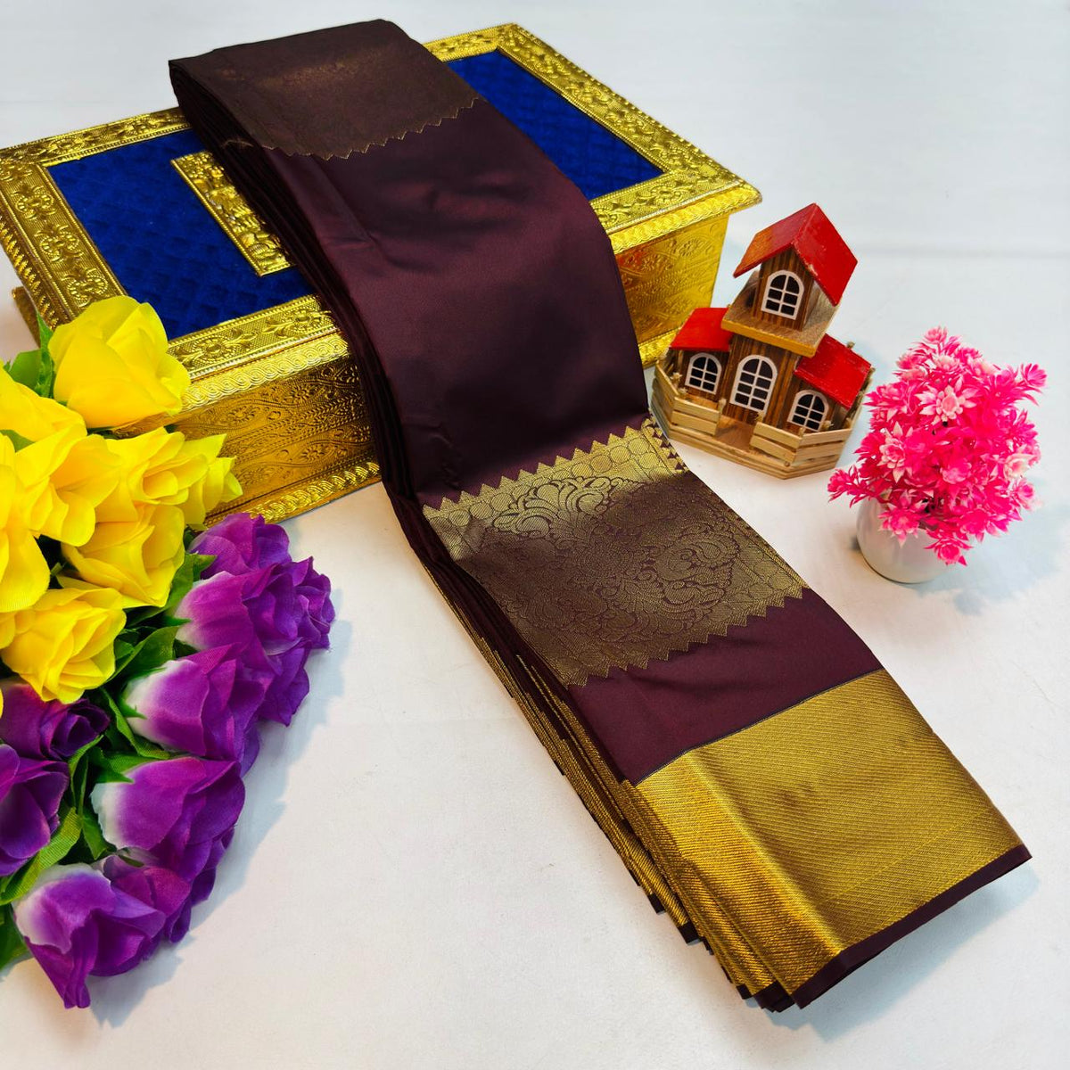 Burgundy Brown Kanchi Rich Soft Silk Saree