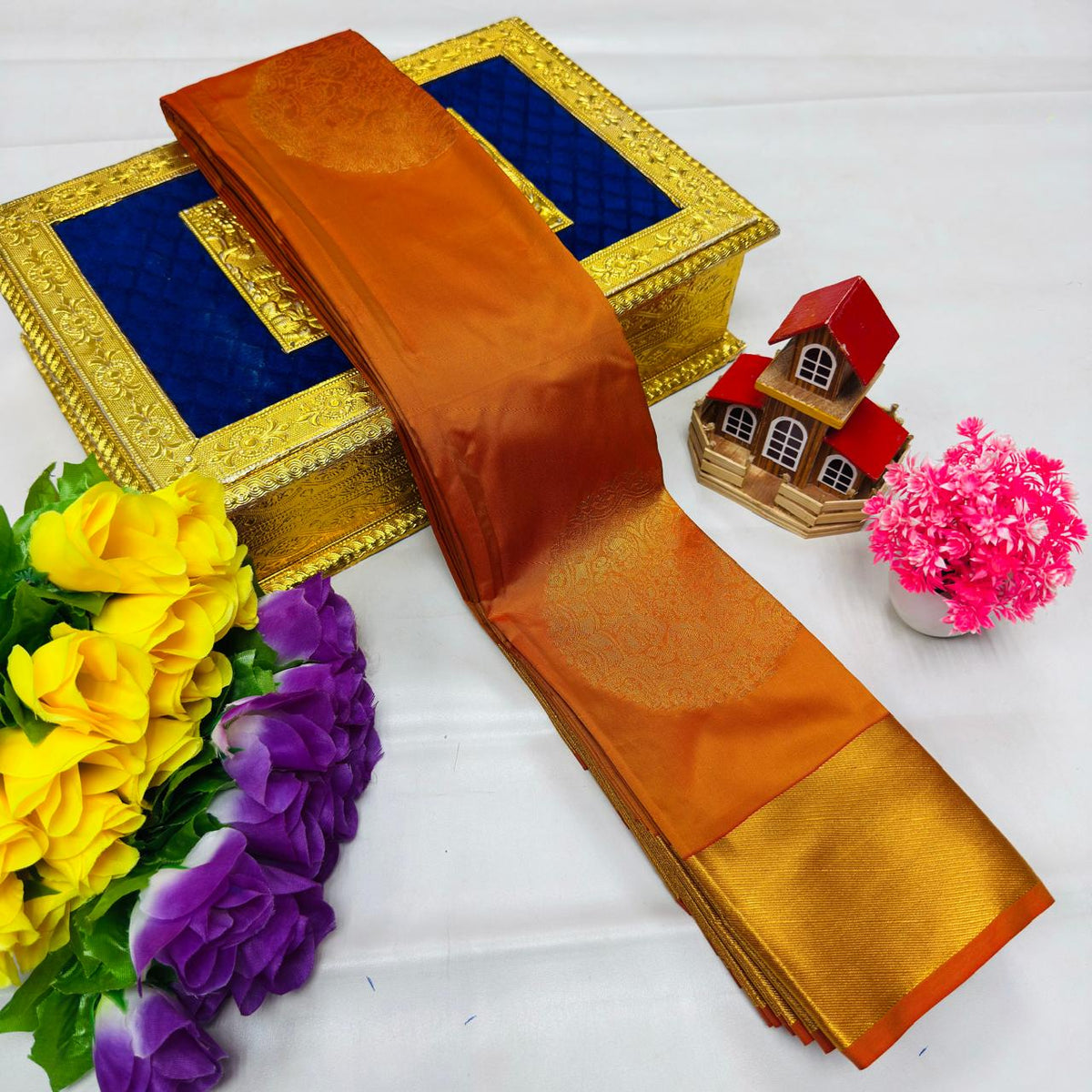Burnt Orange Kanchi Rich Soft Silk Saree