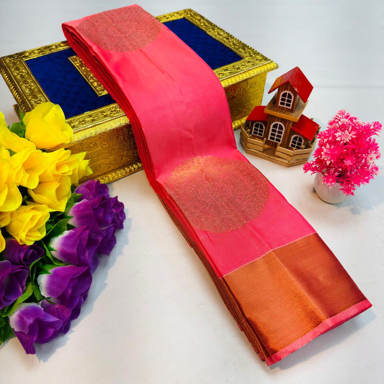 Coral Pink Kanchi Rich Soft Silk Saree