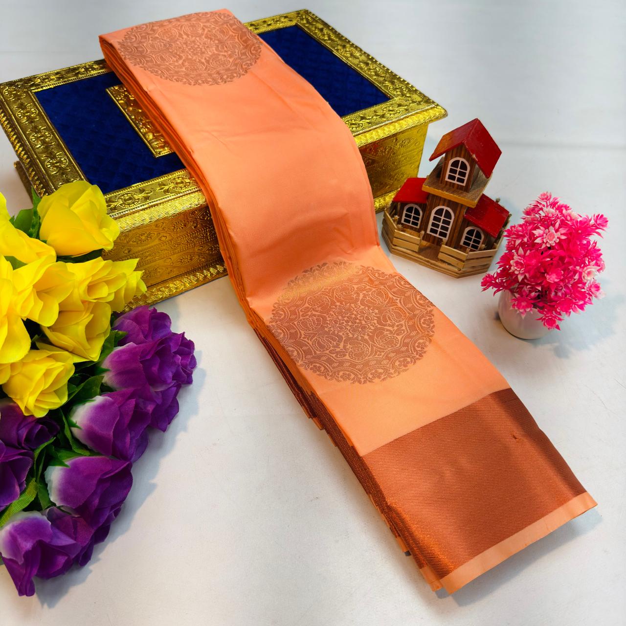 Peach Orange Kanchi Rich Soft Silk Saree
