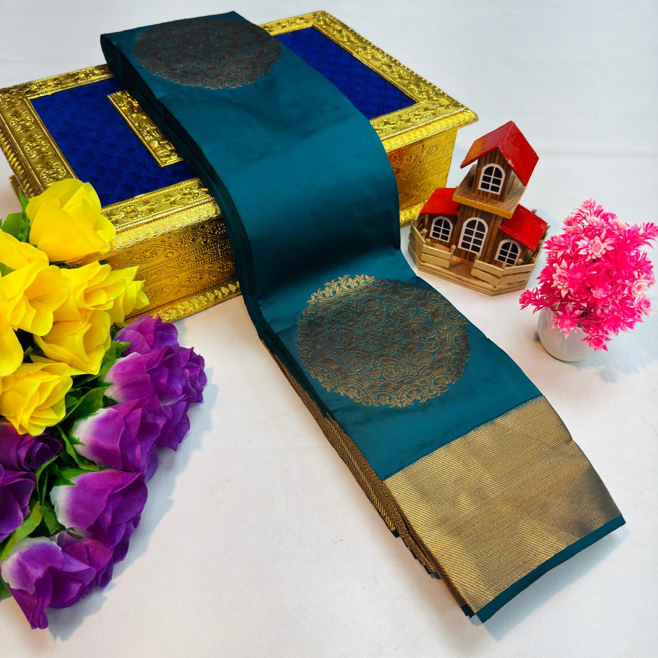 Teal Blue Kanchi Rich Soft Silk Saree