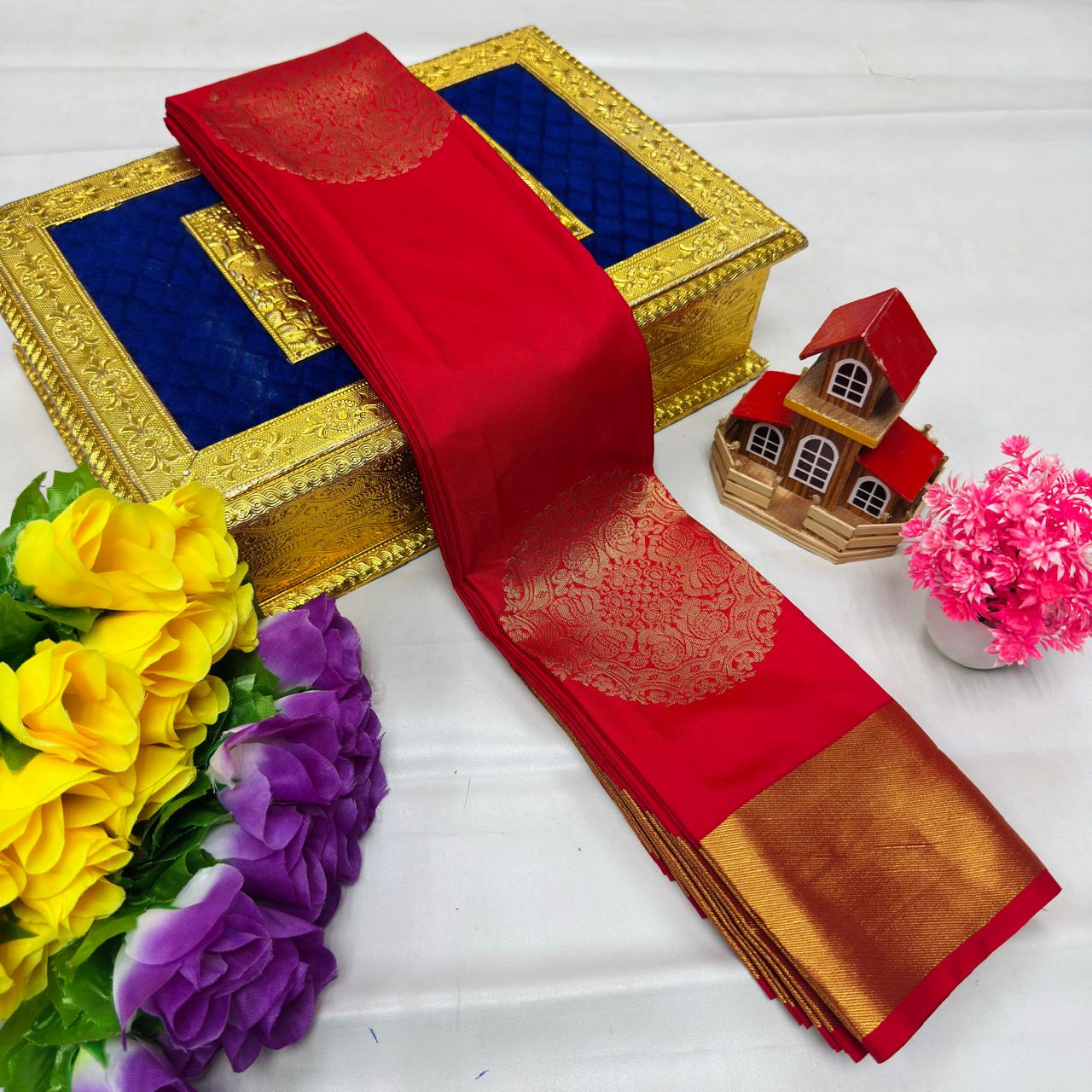 Vermilion Red Kanchi Rich Soft Silk Saree