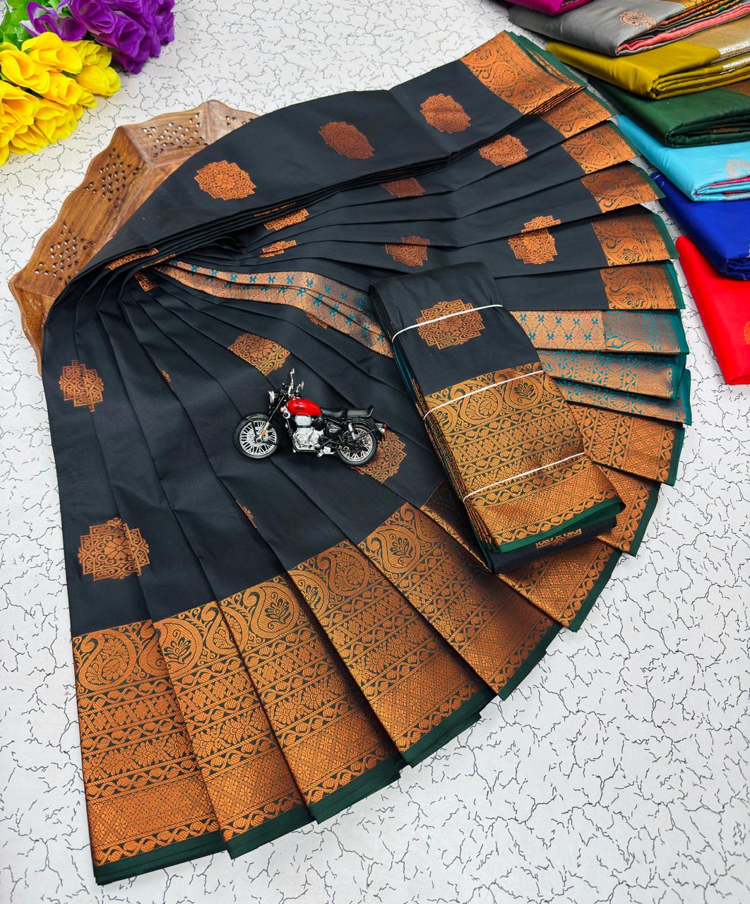 Black Ornate Medallion Border Kanchi Border Soft Silk Saree