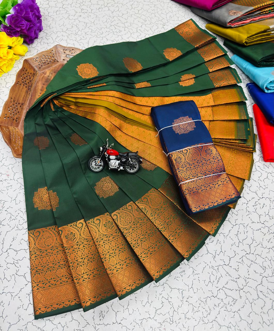 Dark Green Ornate Medallion Border Kanchi Border Soft Silk Saree