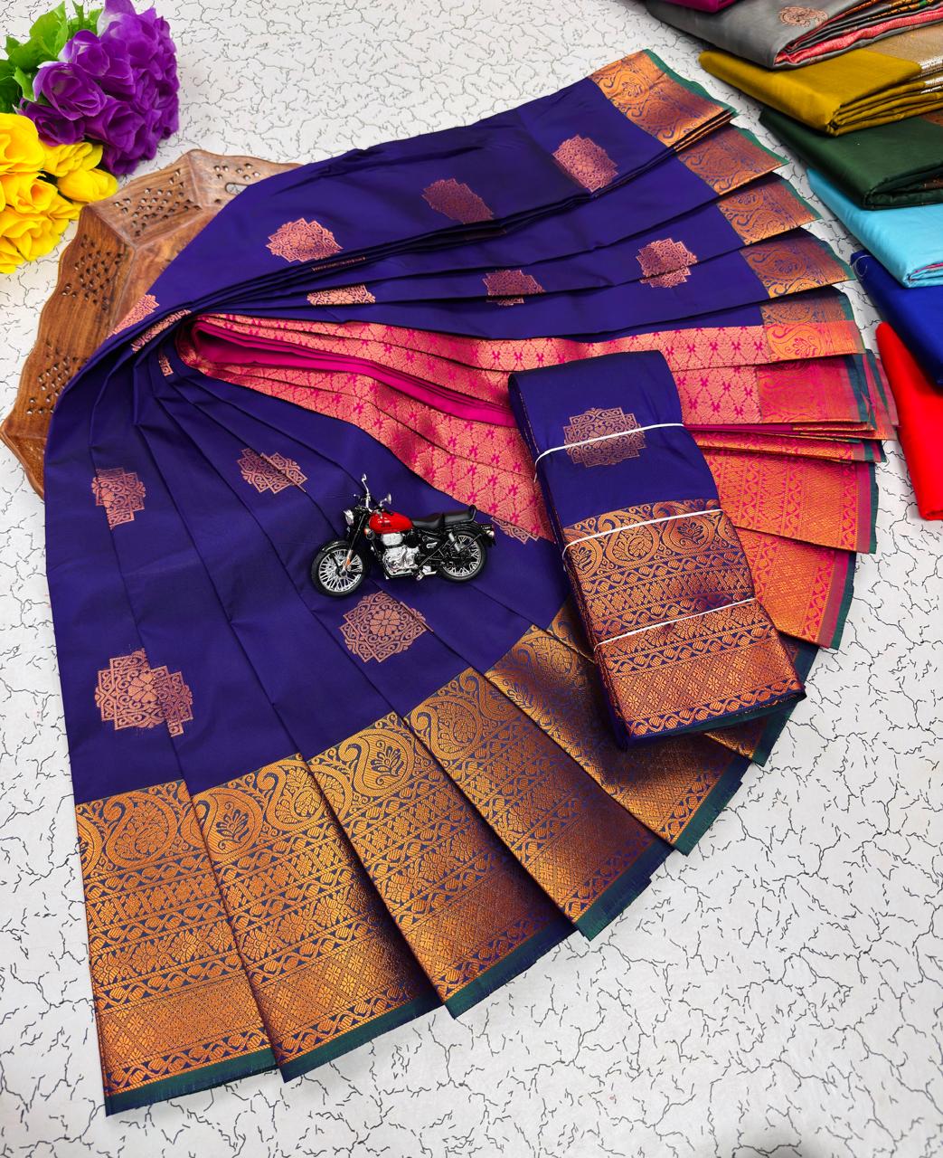 Deep Purple Ornate Medallion Border Kanchi Border Soft Silk Saree