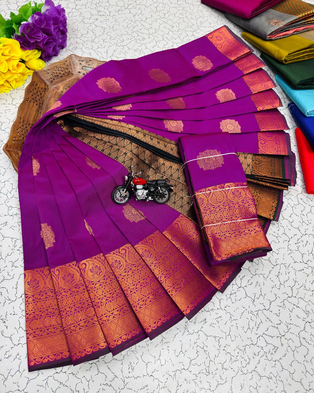 Magenta Ornate Medallion Border Kanchi Border Soft Silk Saree