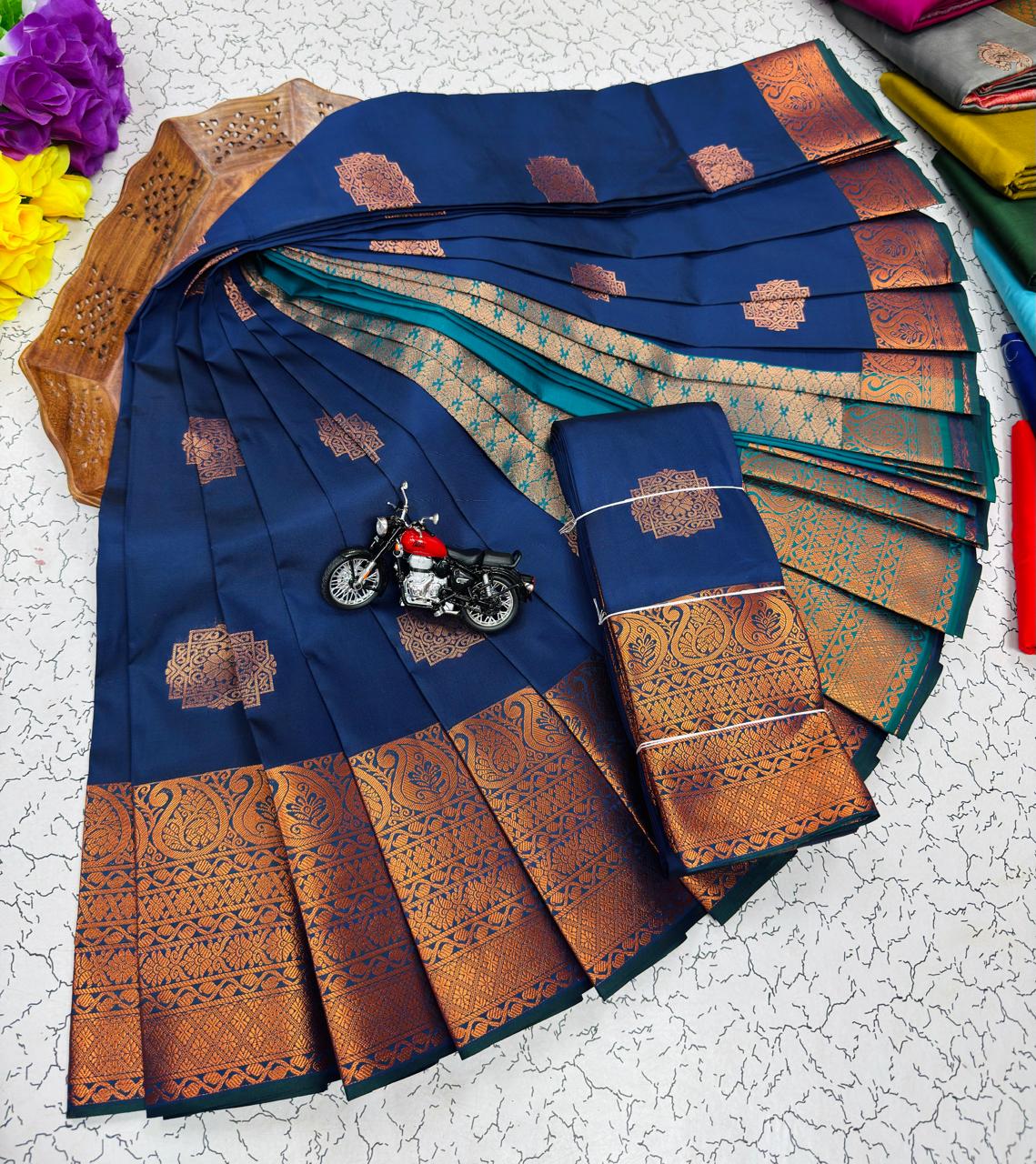 Navy Ornate Medallion Border Kanchi Border Soft Silk Saree