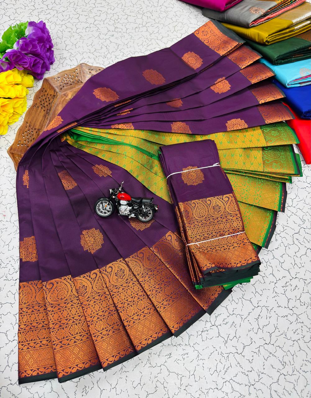Plum Ornate Medallion Border Kanchi Border Soft Silk Saree