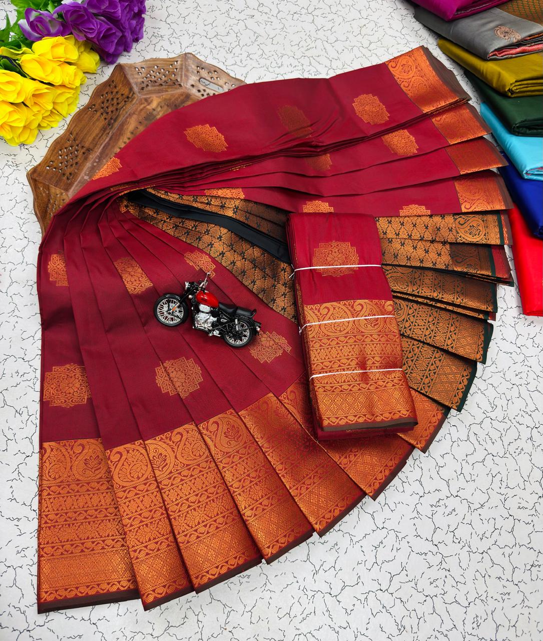 Red Ornate Medallion Border Kanchi Border Soft Silk Saree