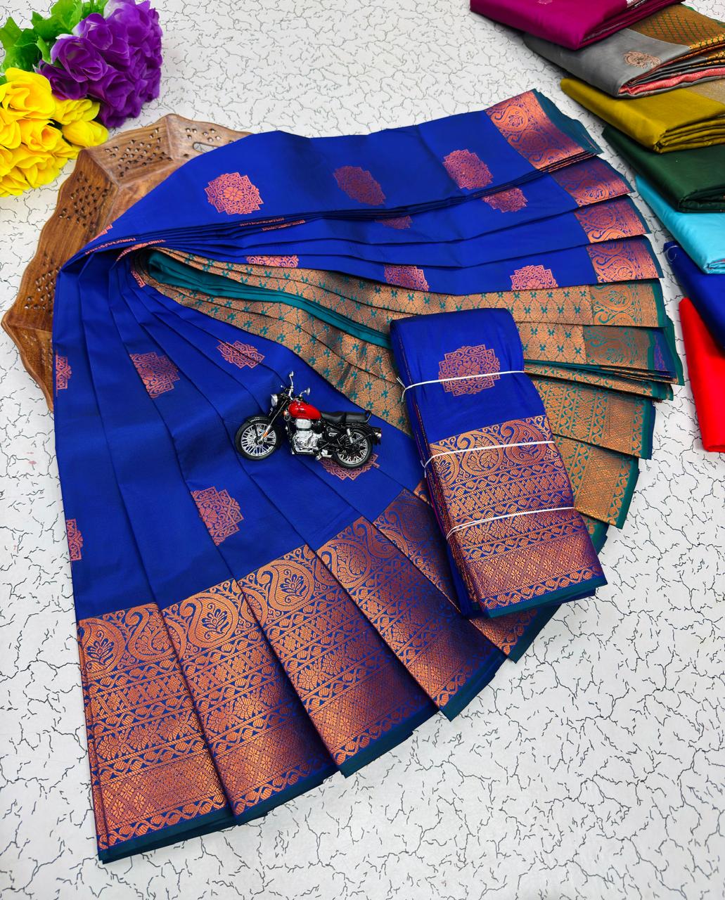 Royal Blue Ornate Medallion Border Kanchi Border Soft Silk Saree
