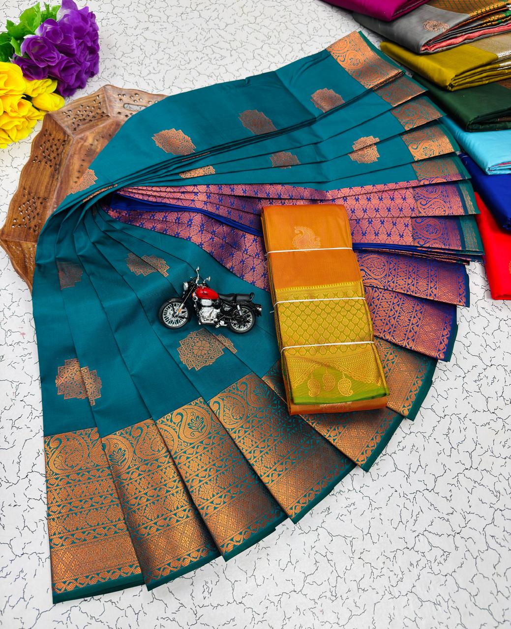 Teal Ornate Medallion Border Kanchi Border Soft Silk Saree