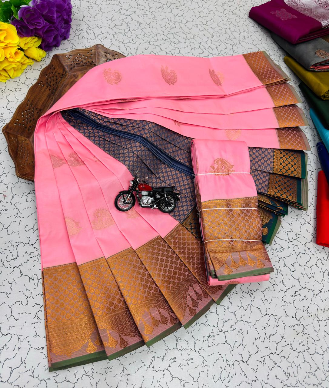 Blush Pink Paisley Butta Kanchi Border Soft Silk Saree