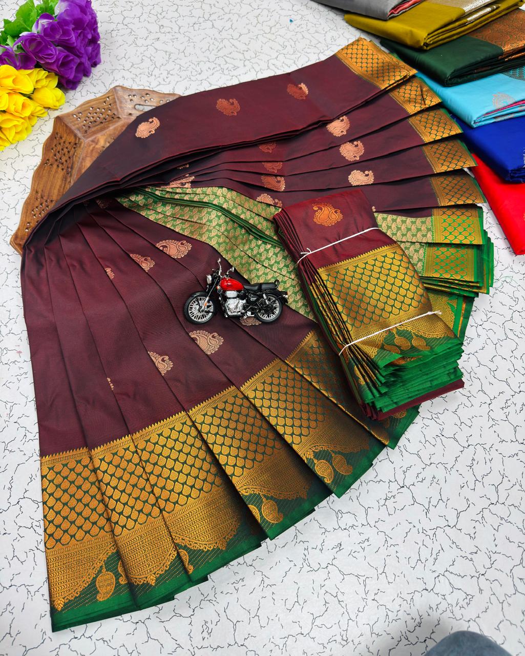 Brown Paisley Butta Kanchi Border Soft Silk Saree