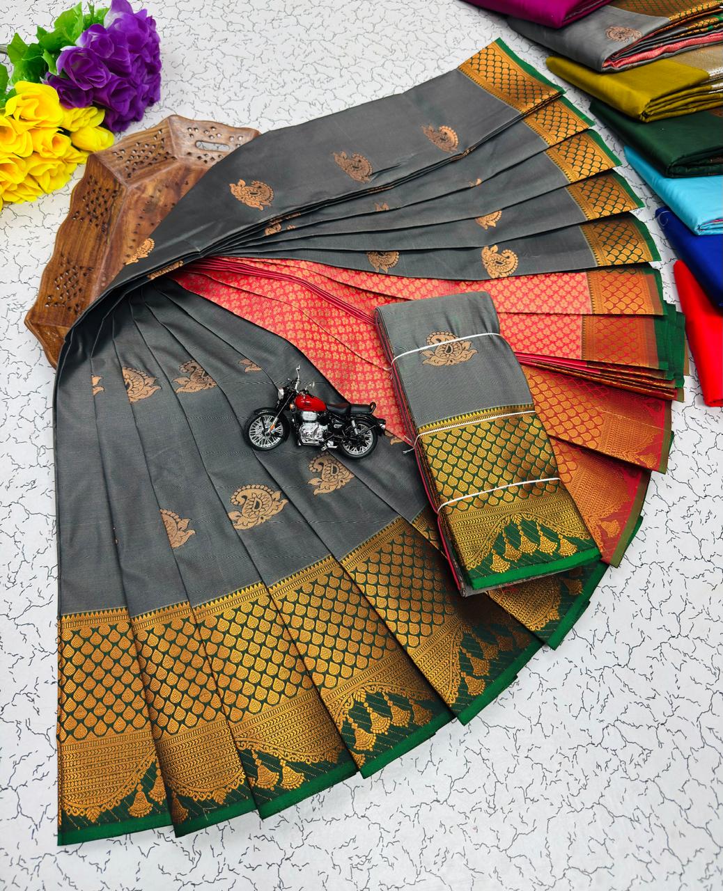 Charcoal Grey Paisley Butta Kanchi Border Soft Silk Saree
