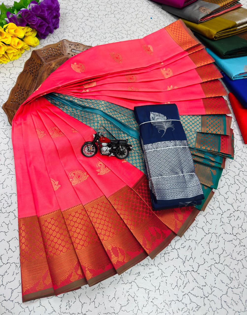 Coral Pink Paisley Butta Kanchi Border Soft Silk Saree